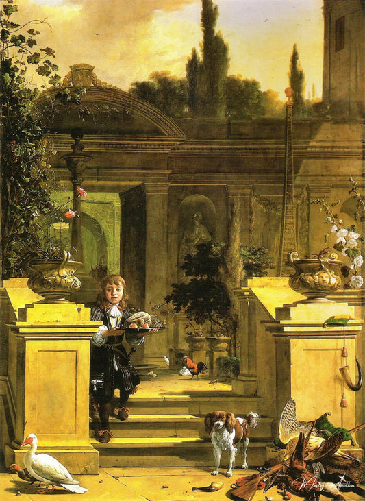 Vue d'une terrasse avec une page descendante - Melchior d'Hondecoeter - Reproductions de tableaux et peintures haut de gamme