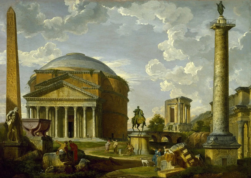 Fantastinen näkymä Pantheonista ja muista muinaisen Rooman monumenteista - Giovanni Paolo Panini