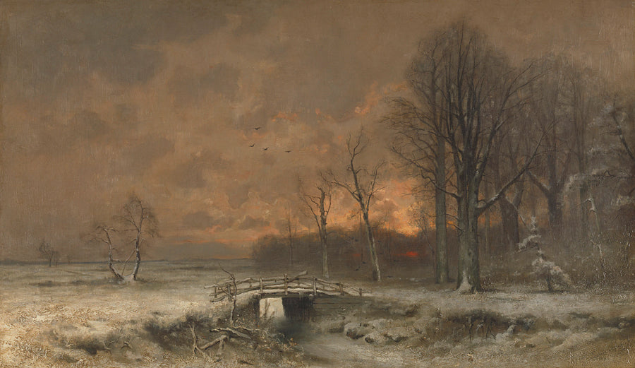 Vue d'hiver avec le soleil couchant entre les arbres - Louis Apol