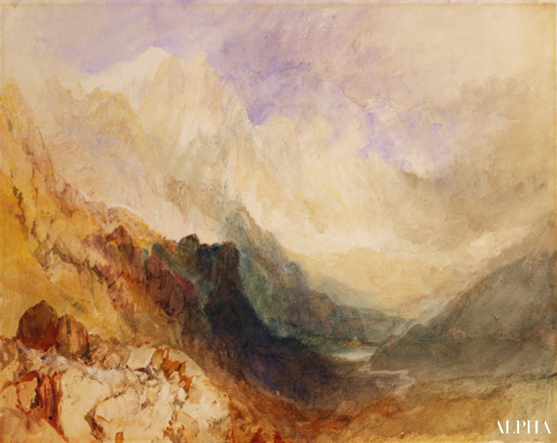 Vue pitkän alppilaakson varrella - William Turner - Korkealaatuiset taulujen ja maalauksien reproduktiot