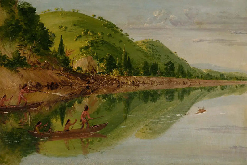 Näkymä Saint-Pierre-joelle, sioux-intiaanit ajavat peuraa kanooteissaan - George Catlin