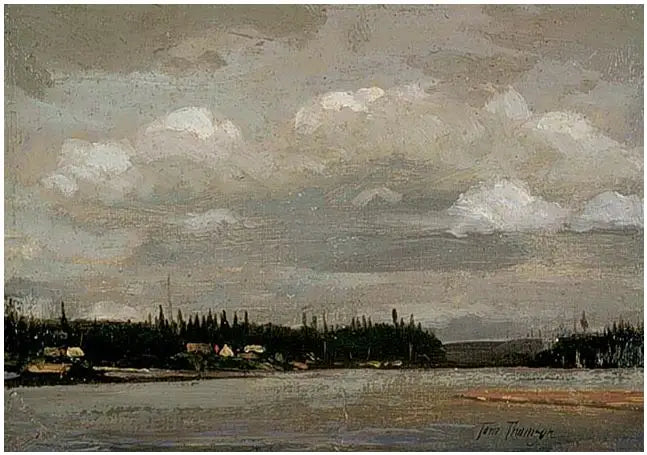 Näkymä järvelle: ranta taloilla - Tom Thomson
