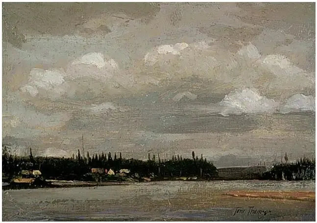 Näkymä järvelle: ranta taloilla - Tom Thomson