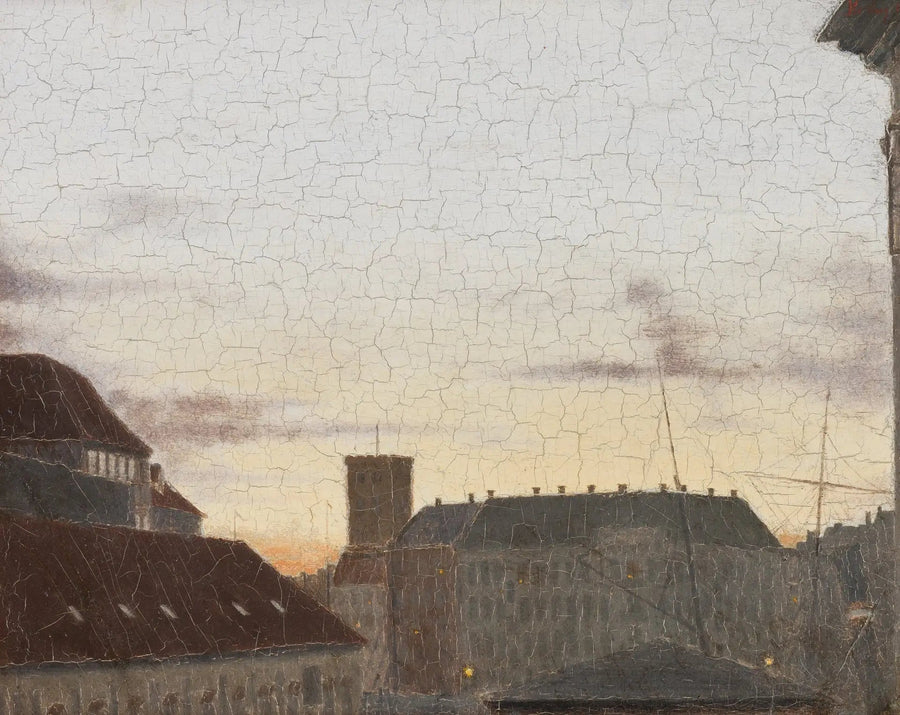Näkymä Gammelholmille, kirkon Saint-Nicolas-tornin taustalla. Aurinkoinen kesäilta Kööpenhaminassa.