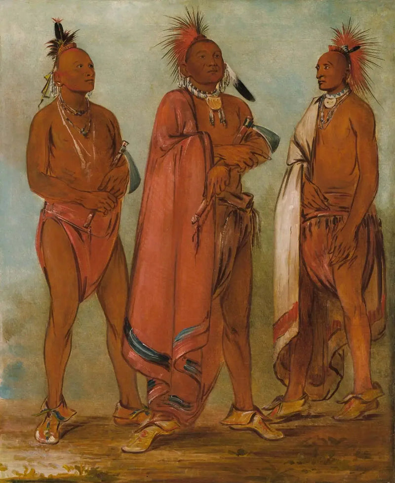 Wa-másh-ee-sheek, Se joka poistaa ; Wa-chésh-uk, Sota ; Mink-chésk, Kolme nuorta miestä, jotka erottuvat - George Catlin