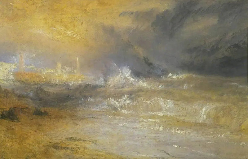 Aallot murtuvat suojaisalla rannalla Margatessa (Tutkimus teokselle 'Rockets and Blue Lights') - J. M. W. Turner