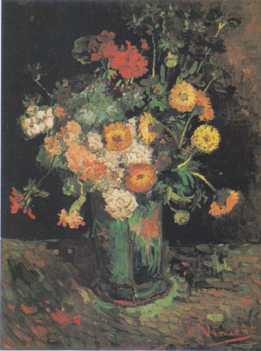 Zinnioita ja pelargonioita maljakossa - Vincent van Gogh